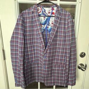 Paisley & Gray Red White & Blue Plaid Blazer, Nautical Lining 44R